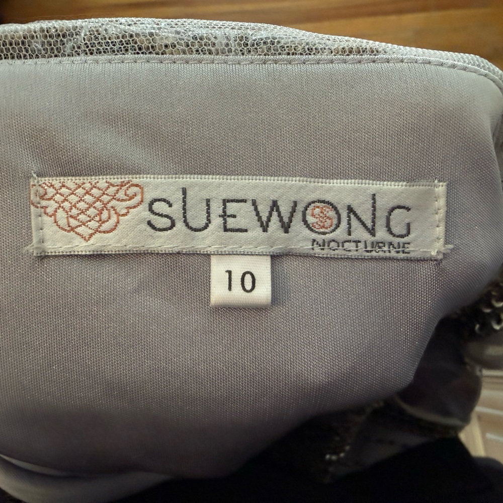 Like New! Sue Wong Platinum Silver Grey Beaded Sequin Embellished Dress Size 10 - Picture 5 of 5